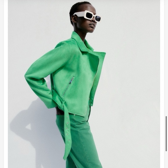 ZARA ~ ZARA GREEN FAUX SUEDE BIKE JACKET WITH Zippers And Belt - Picture 13 of 14